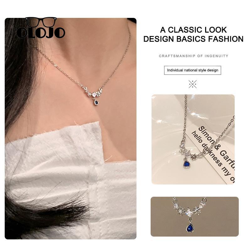 【COD】Kalung Rantai Klavikula Hias Liontin Batu Permata Biru Bentuk Tetesan Air Kepingan Salju Gaya Korea Untuk Wanita