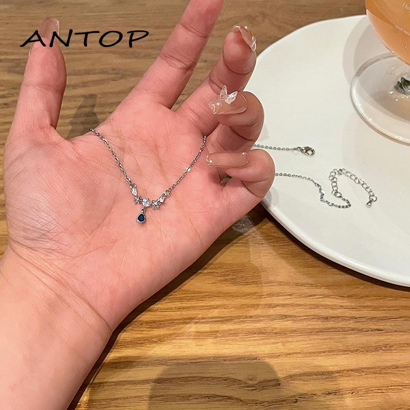 【antop】Blue Zircon Water Drop Kalung Wanita Ringan Mewah Manis Keren Temperamen Rasa Maju