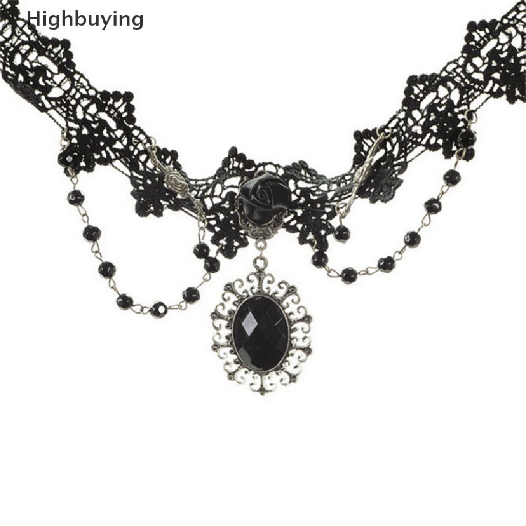 Hbid Fashion Lolita Gothic Hitam Bunga Mawar Renda Choker Kerah Kalung Beads Chain Glory