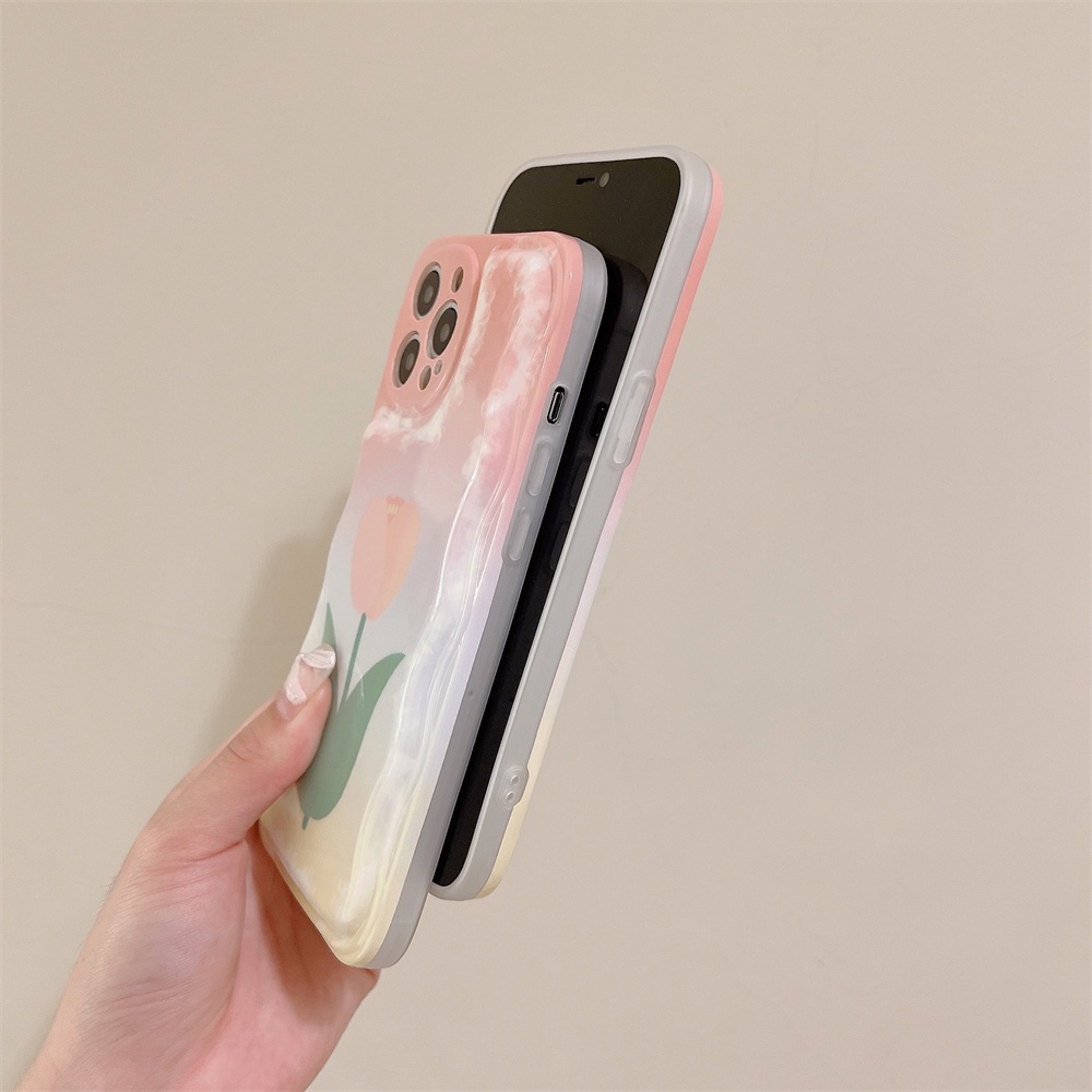 IPHONE Kartun Bunga Tulip Lucu Gelombang Poin Bening Casing Ponsel Untuk Iphone11 12 13 14 Pro MAX X XS XR 78 Plus SE Fashion Transparan Shockproof Cover