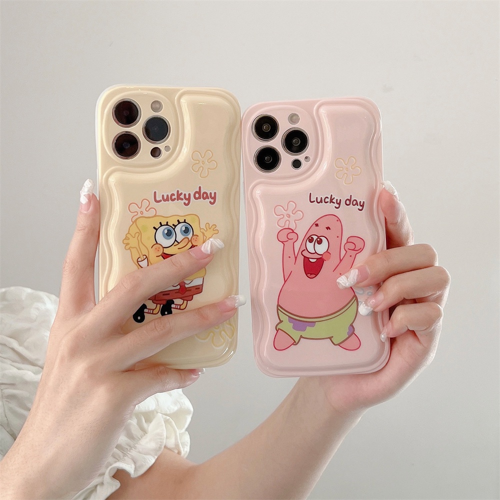 Spongebob Squarepants Bingkai Bentuk Gelombang Soft Phone Case Penutup Belakang Untuk Iphone 12Mini 13Mini 11Pro 14Plus XS XR XSMAX 14Promax 12 13 Air Cushion Cover Soft Tpu Case
