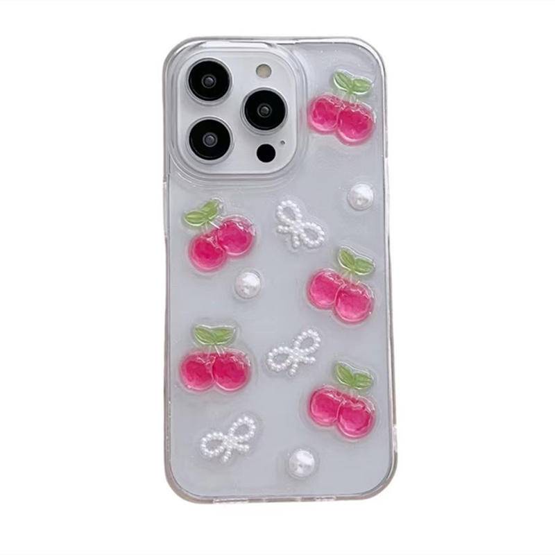 Cute Drop Glue Acrylic Full Screen Cherry Casing Transparan Untuk Iphone14 13 12 11 Pro MAX Plus Mini Shockproof Clear Cover Untuk iPhone X XS MAX XR 7 8 Plus SE 2022 2020