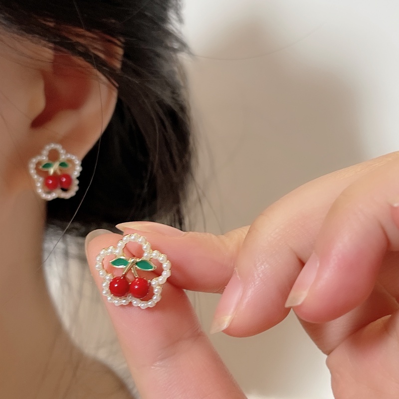 Anting Mutiara Cherry Jepang Manis Lucu Giwang Telinga Bunga Merah Untuk Perempuan Yang Indah