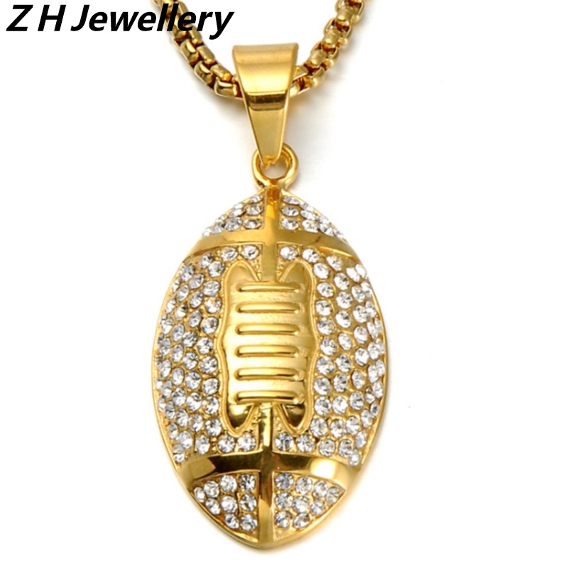 [Z H Perhiasan] Vintage 18K Emas Rugby Amerika Sepak Bola Liontin Fashion Pria Anti Karat Kalung Liontin Hip Hop Pesta Baja Titanium Perhiasan Aksesoris