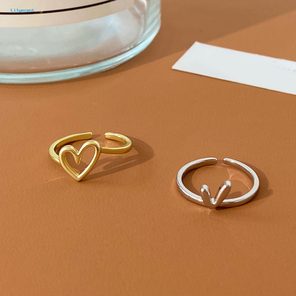 Lilyscent 1set Dainty Ladies Cincin Perhiasan Aksesoris Cinta Hati Pesona Wanita Ring Shiny