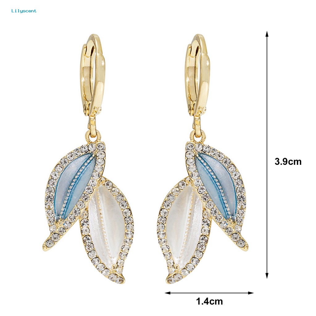 Lilyscent 1pasang Anting Wanita Halus Perlengkapan Pesta Berlian Imitasi Mengkilap Daun Biru Anting Perempuan Electroplating