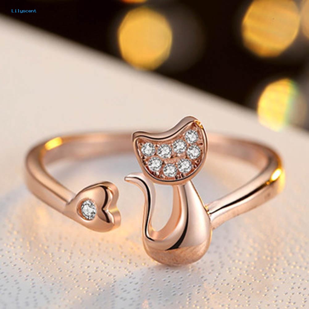 Lilyscent 1Pc Cubic Zirconia Hewan Kucing Kecil Yang Lucu Hati Terbuka Cincin Fashion Perhiasan