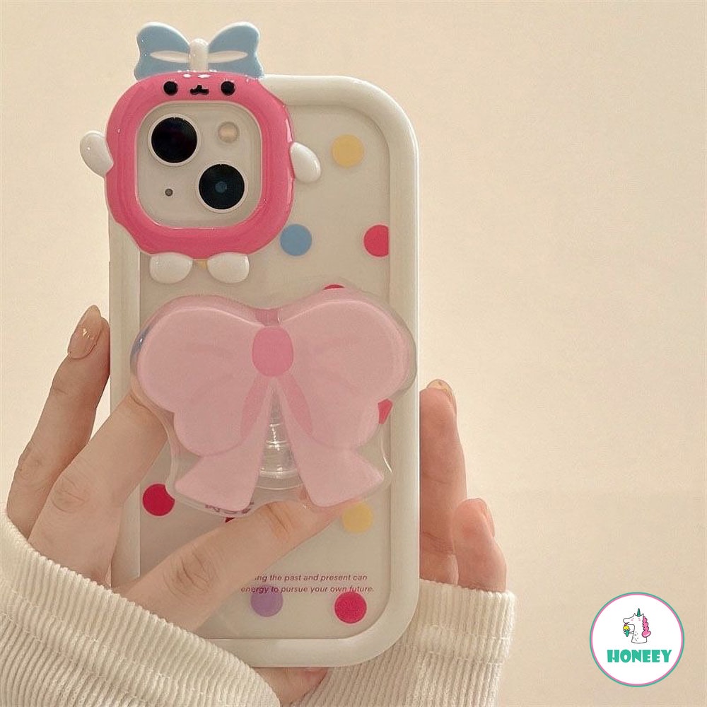 IPHONE Kepribadian Monster Kecil 2in1 Pink Bow Tie Bracket Polkadot TPU Anti-drop Untuk Iphone11 12 13 14 Pro Max 14plus Phone Case