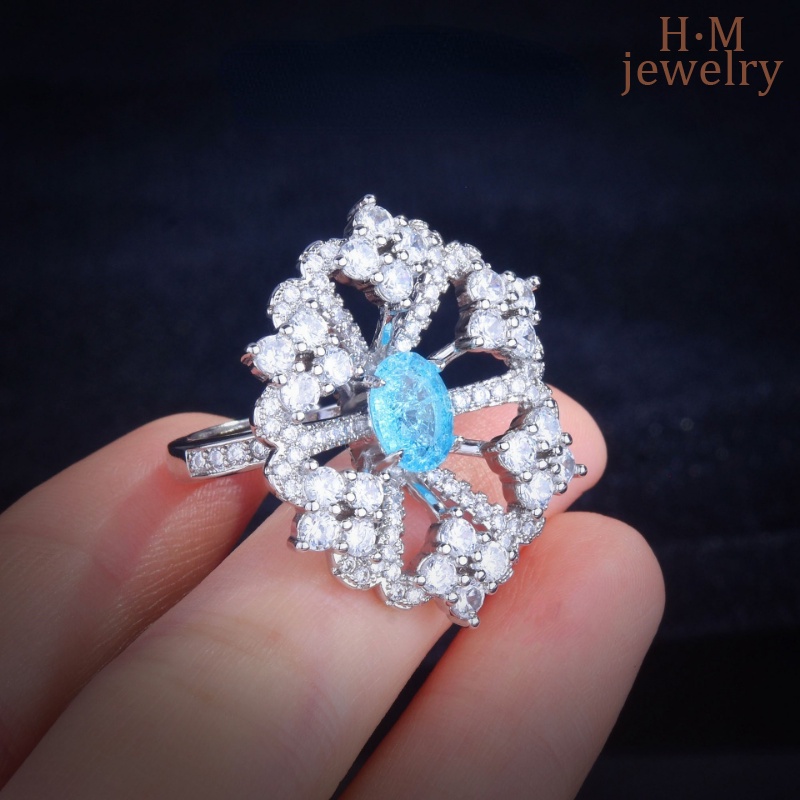 Ringan Mewah Retro Aquamarine Bunga Cincin Es Bunga Potongan Micro-Hias Berlian Penuh AAA Zirkon Kaya Bunga Ornamen