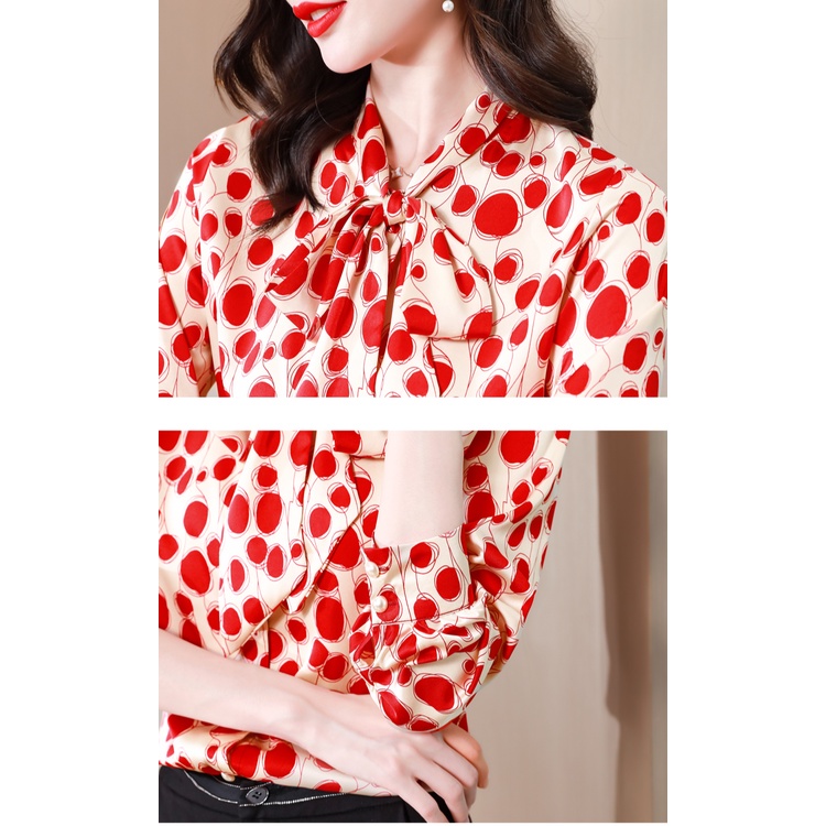 High Quality Fabric Fashion Korean Style Bow Tie Blouse for Women Long Sleeve Blouses Work Casual Blus Lengan Panjang Wanita