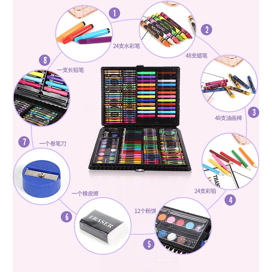 SS Drawing Set 168Pcs Oil Pastel Crayon 168 IN 1 Set Krayon Mewarnai dan Melukis Lengkap dengan Cat Air Alat Mewarnai Anak Anak Bentuk Koper