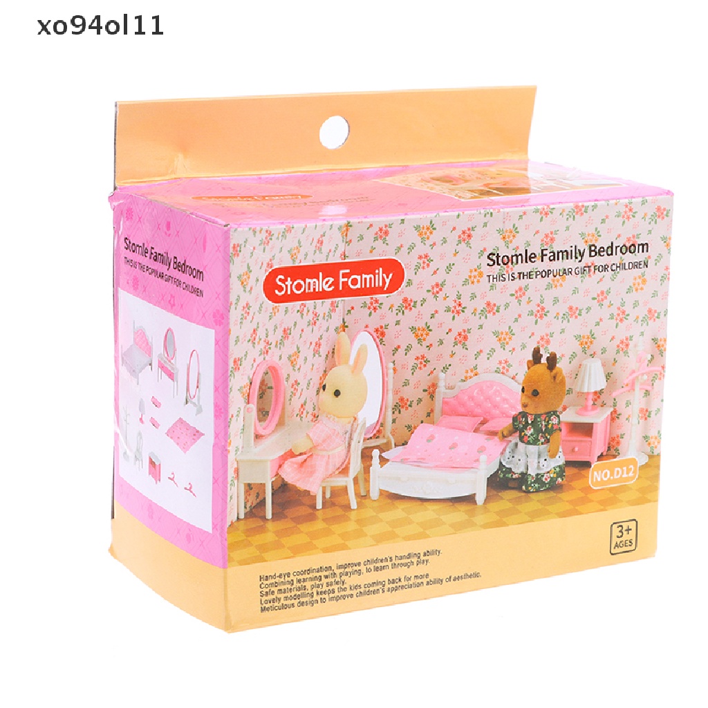 Xo 1: 12rumah Boneka Miniatur Kamar Tidur Set Dresser Meja Samping Tempat Tidur Bed Mirror Model OL