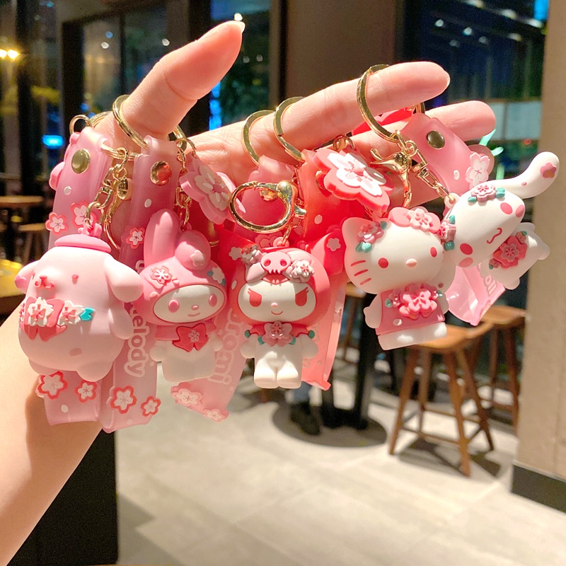 Hadiah Gadis Gantungan Kunci Pink Lucu 3D Sakura Hewan Warna Emas Mobil Rumah Gantungan Kunci Tas Ponsel Case Bluetooth Earphone Cover Charms Liontin Dengan Tali Anti Hilang