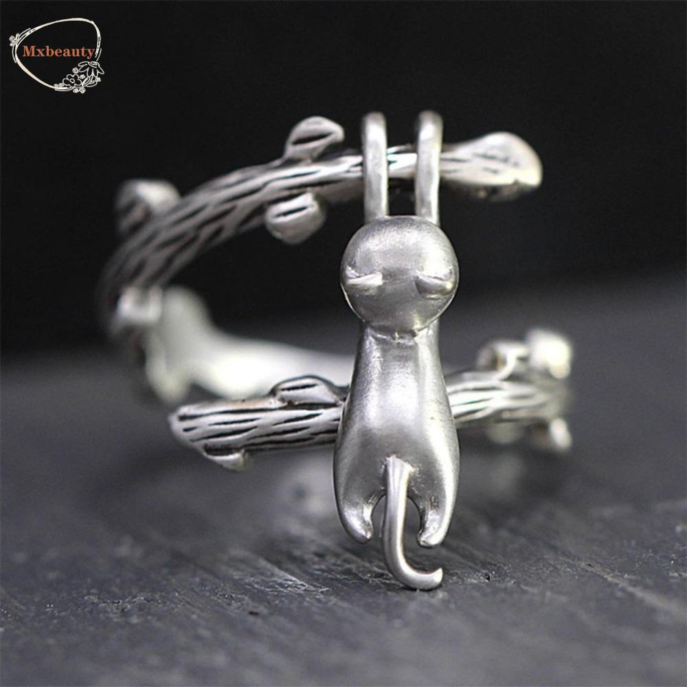 Mxbeauty Perak Kucing Terbuka Cincin Punk Pesona Hadiah Jari Cincin Logam Gothic Adjustable Chic Alloy Unisex Ring