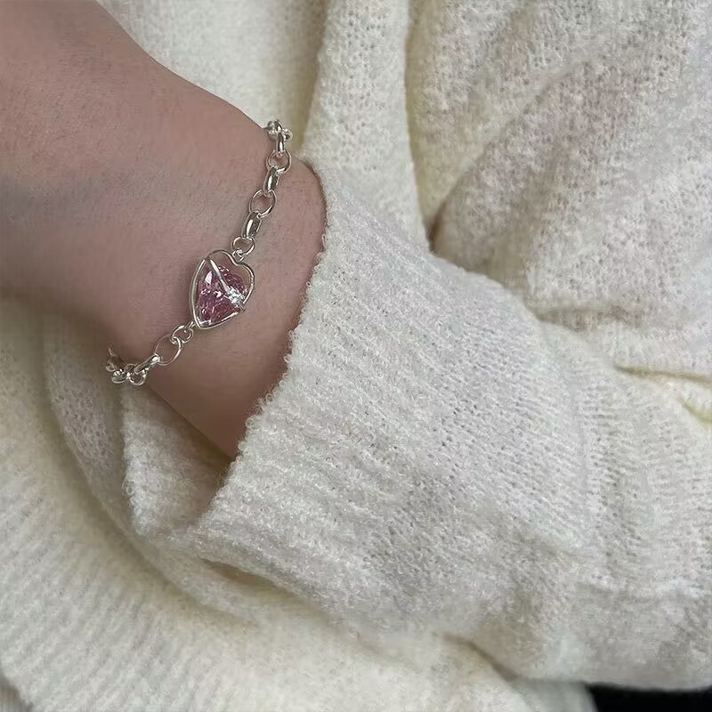 Ifyou Y2K Gelang Moonstone Pink Heart Adjustable Bangles Untuk Perhiasan Aksesoris Wanita