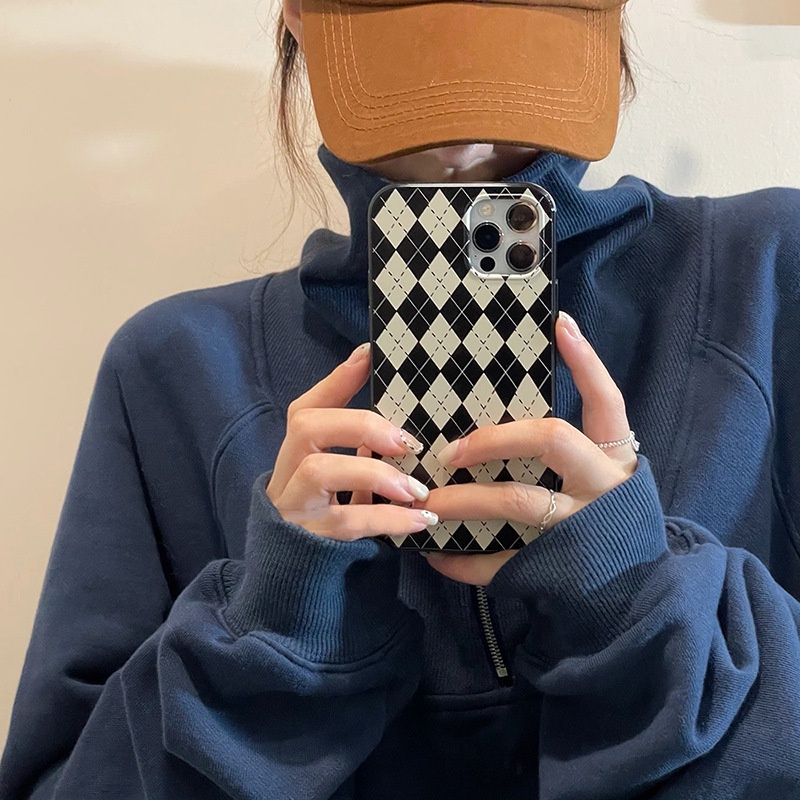 IPHONE Cover Casing Ponsel Kotak-Kotak Belah Ketupat Warna Kontras Dengan Holder Bunga Hitam Untuk Iphone7 8 PLUS X XR XS 11 12 13 14 MINI PRO MAX SE 2020