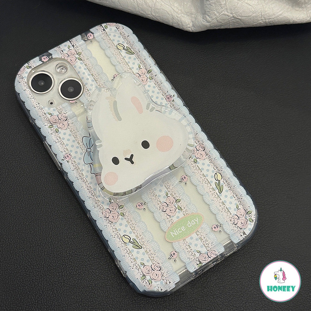 IPHONE Sweet Lace Rabbit Flowers Bracket Shell Phone Case Untuk Iphone14 13 12 11 Pro Max14 Plus Case Lucu Transparan Kartun Cover