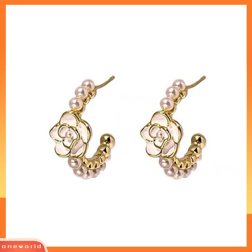 [EONE] 1pasang Anting Lingkaran Indah Bunga Camelia Gaya Perancis Temperamen Elegan Dekorasi Tidak Luntur Indah Geometris Faux Pearl Earrings Aksesori Tanggal