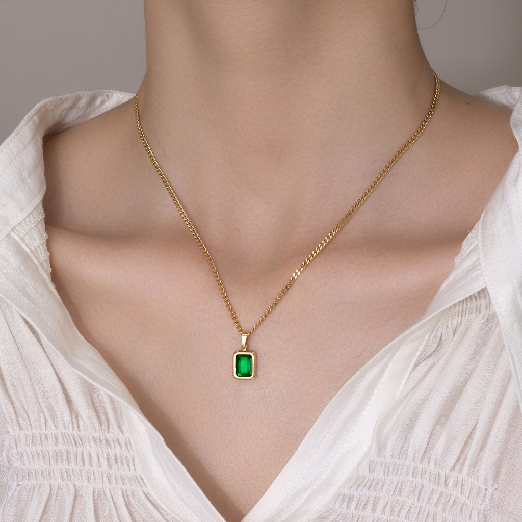 Gaya Korea Retro Mini Emerald Pendant Klavikula Rantai Singkat Mewah Fashion Square Hijau Zirkon Kalung Untuk Wanita Hari Valentine Pernikahan Pertunangan Perhiasan Hadiah