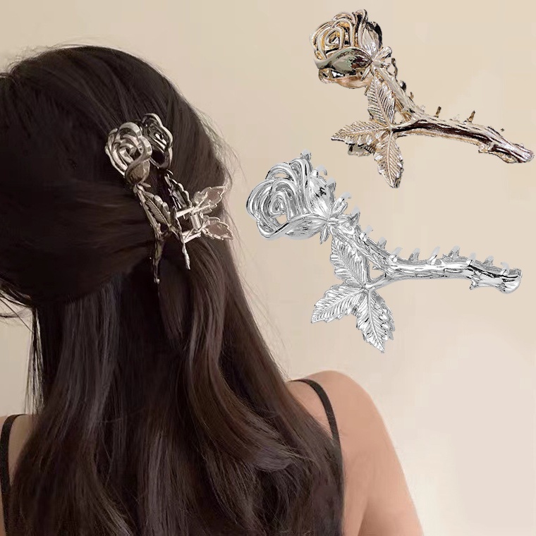 Woman Large Metal Rose Floral Leaf Hair Claw/Ladies Vintage Ponytail Hiu Klip/Aksesoris Rambut Fashion