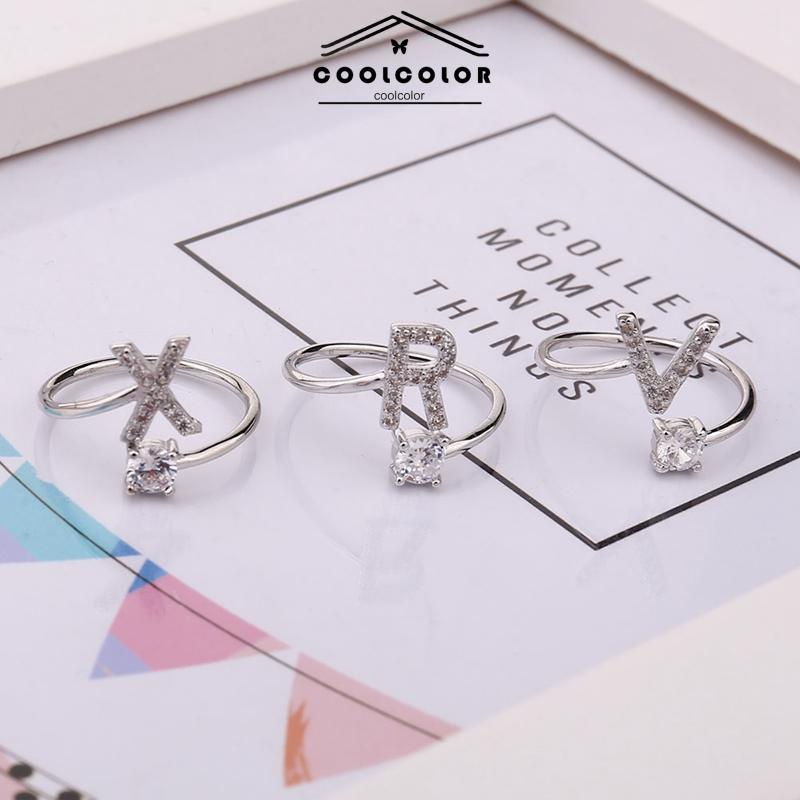 COD❤️Cincin Model Terbuka Desain 26 Huruf Bahan Alloy Aksen Berlian Imitasi Untuk Wanita- cl