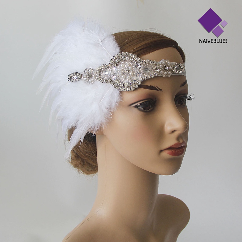 &lt; Naiveblues &gt; Wanita Flapper Bando Mutiara Imitasi Bulu Jumbai Vintage Pengantin Flapper Prom Pesta Aksesoris Rambut