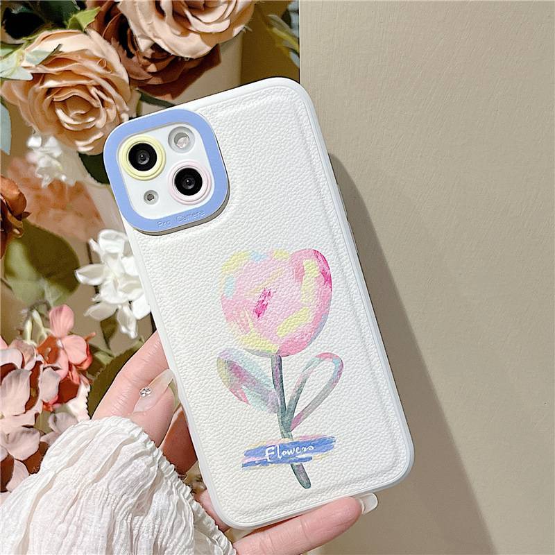 Leather Graffiti Tulip Soft Silicon Case HP iP iPhone 7 8 14 + Plus SE 2020 X XS XR Max 11 12 13 Pro Max New FTD Casing Apple