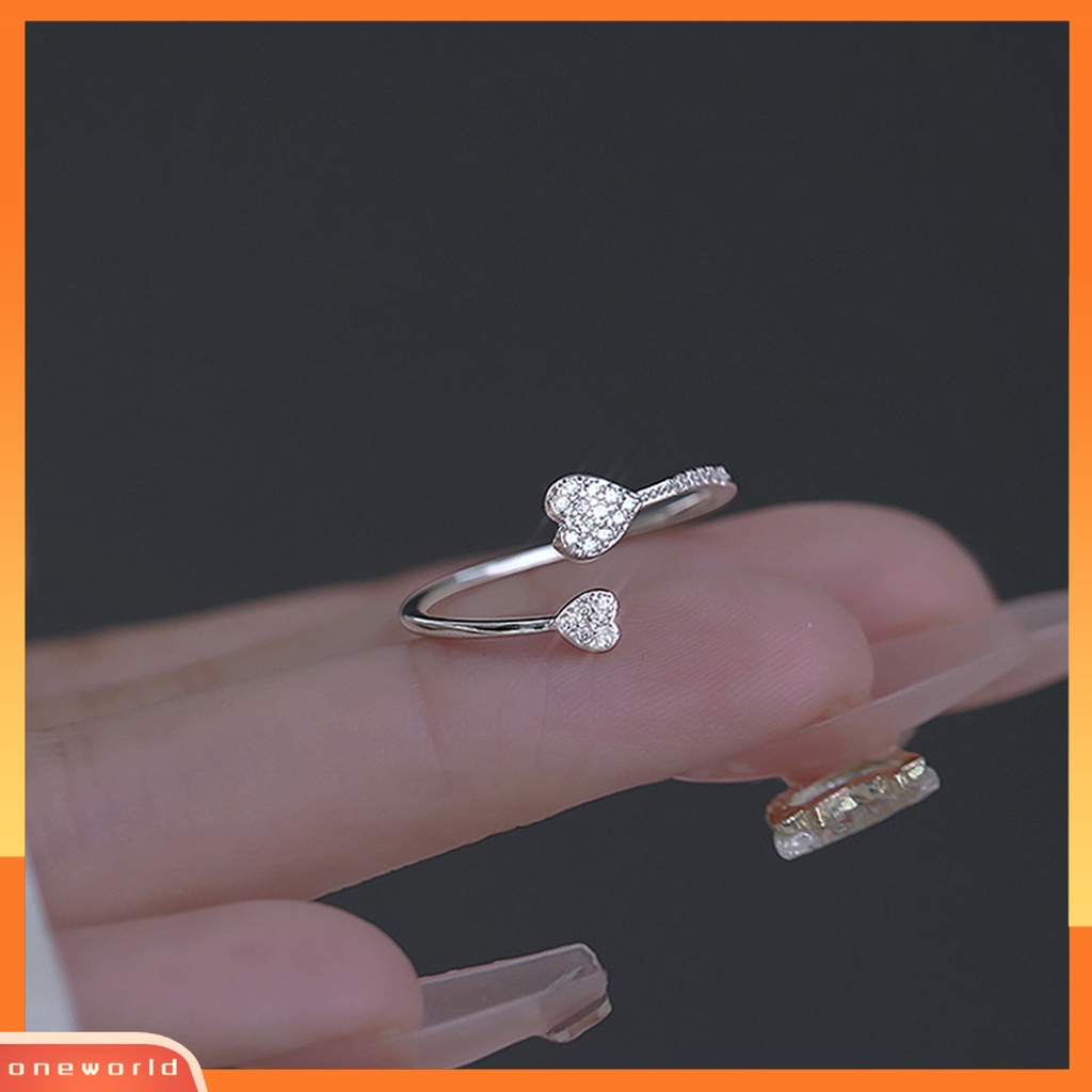 [EONE] Cincin Jari Hati Cubic Zirconia Perhiasan Pembukaan Adjustable Finger Ring Hadiah Hari Kasih Sayang