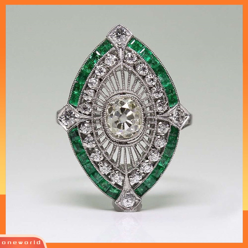 [EONE] Wanita Cincin Berlian Imitasi Mengkilap Hias Two-tone Geometri Electroplating Art Deco Hadiah Natural Emerald Faux Gemstone Engagement Wedding Ring Untuk Anniversary
