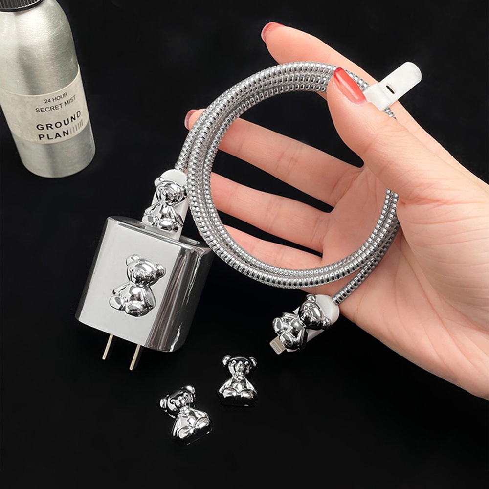 IPHONE Casing Pelindung Charger Beruang Silver Untuk Iphone14Per13 /12Cas Pelindung Case Pembungkus Kabel Data18 /20w