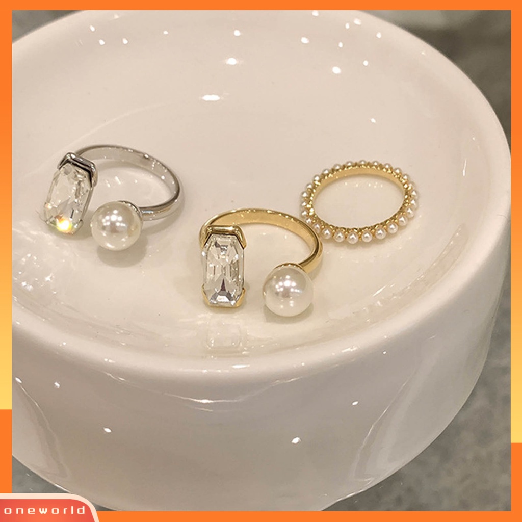 [EONE] Cincin Jari Telunjuk Tidak Luntur Elektroplating Adjustable Geometris Cubic Zirconia Dekorasi Hypoallergenic Trendi Mutiara Imitasi Terbuka Cincin Pacaran Memakai
