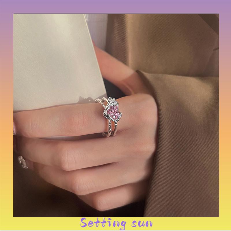 Cincin Zirkonia Cinta Sejuk Manis Cincin ganda mode wanita Ukuran dapat disesuaikan TN