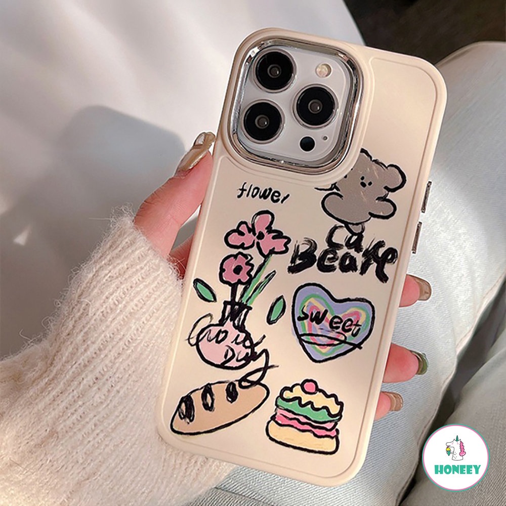 IPHONE Casing Ponsel Beruang Kue Bunga Graffiti Lucu Kompatibel Untuk Iphone14 13 11 12 Pro Max Manis Shockproof Kartun Cover