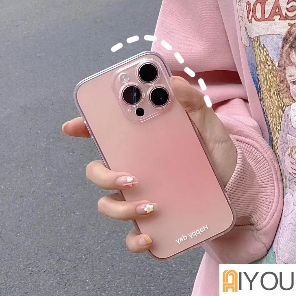 IPHONE Happy Day Gradient Pink Phone Case Untuk Iphone14 13 12 11 Pro Max 14Plus X XR XS Shockproof Transparan Lembut TPU Silicone Cover