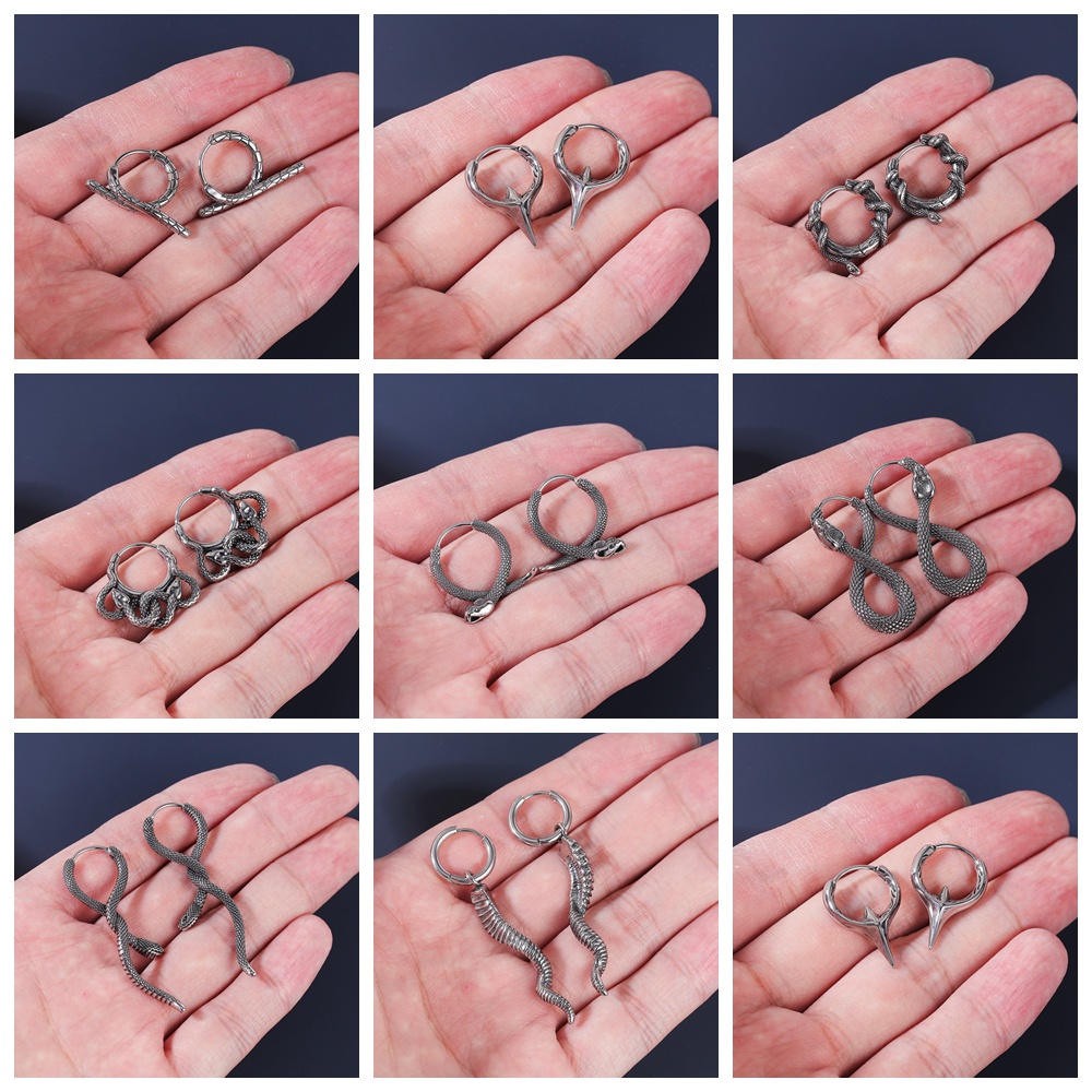 1pasang Stainless Steel Punk Anting Tengkorak Cross Hoop Earrings Ular Kelelawar Anting Bulat Korea Drop Earrings Tindik Tulang Rawan