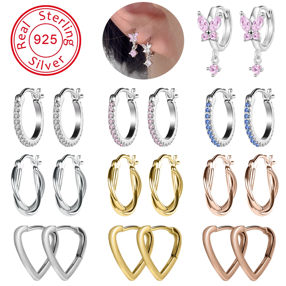 1pasang925 Sterling Silver Kupu-Kupu Hoop Earrings Kristal Anting Bulat Segitiga Lingkaran Anting Tulang Rawan Lobe Piercing