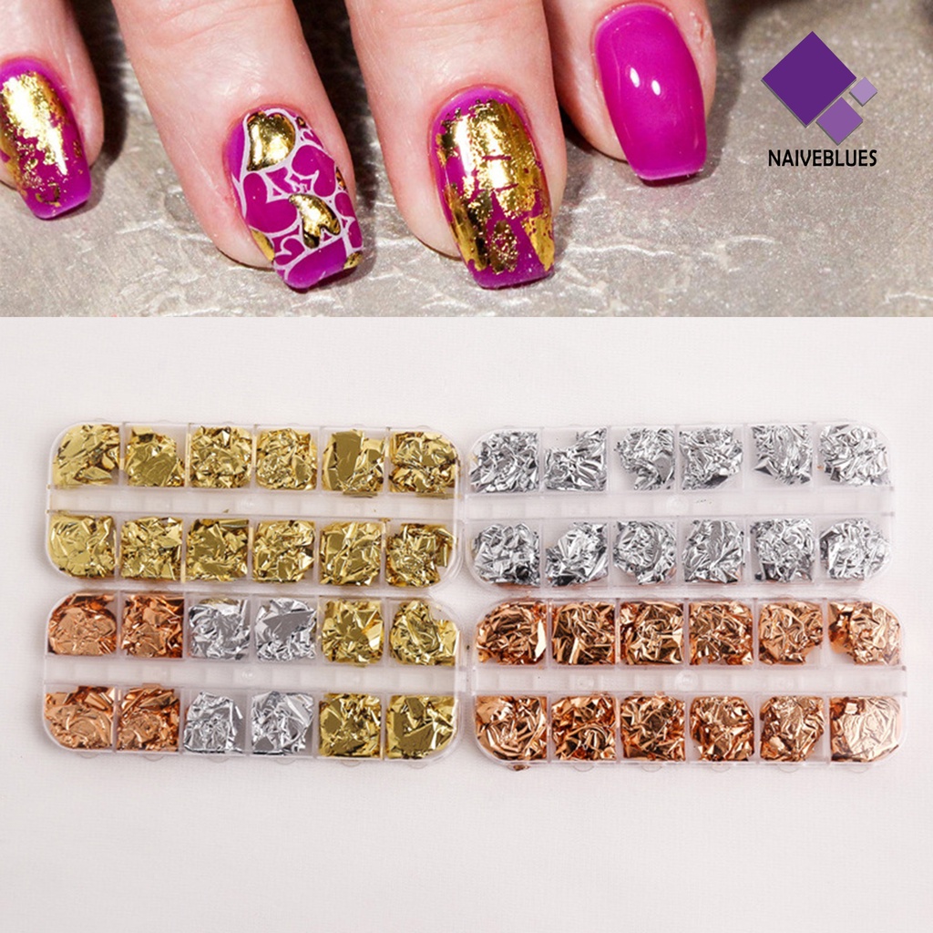 [naiveblues] 12grids/box Manicure Foil Decal Anti Luntur Multifungsi Nice-looking Nail Foil Warna Emas Untuk Wanita