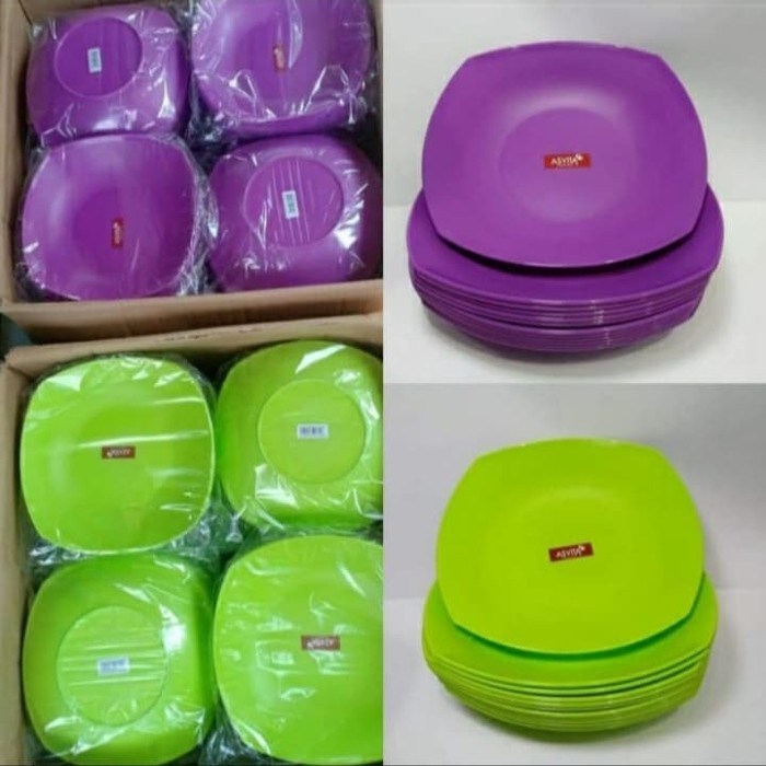 piring makan kotak plastik asvita warna ungu hijau - Hijau