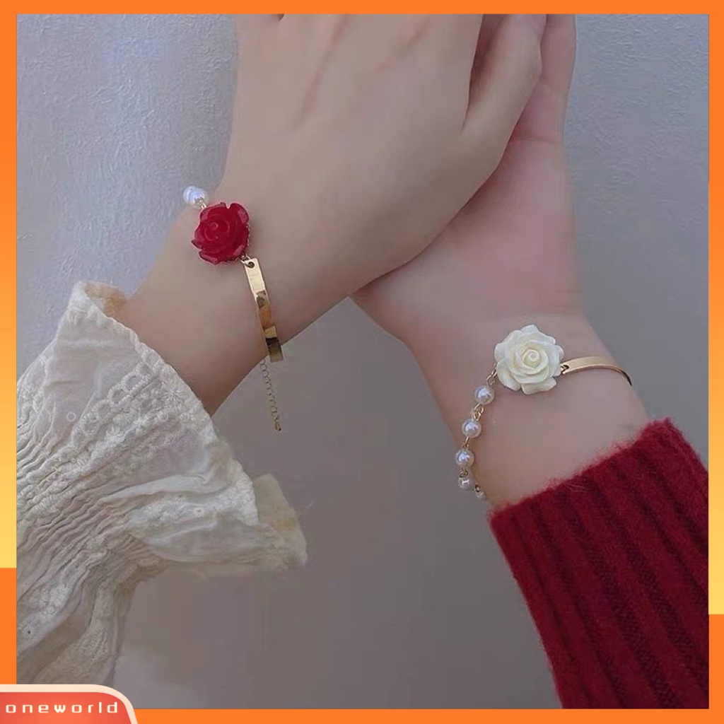 [EONE] Wanita Gelang Bunga Mawar Pesona Electroplating Tidak Luntur Busur Ornamen Mutiara Imitasi Dekorasi Adjustable Temperamen Perancis Niche Bermutu Tinggi Bangle Perhiasan Pesta