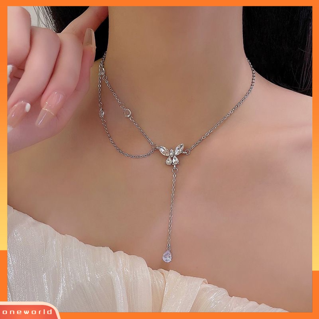 [EONE] Wanita Kalung Double-layer Asimetris Elegan Berlian Imitasi Bertatahkan Kupu-Kupu Klavikula Kalung Fashion Perhiasan