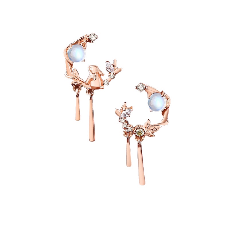 Sterl Sterling Silver Mori Anting Kelinci Lucu Gaya Nasional Retro Nasional Trendi Desain Tahun Baru Anting Kelinci Moonstone Earrings