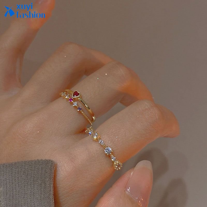 3pcs/set Korea Zirkon Jantung Cincin Elegan Merah Muda Dapat Disesuaikan Set Cincin Untuk Wanita Fashion Perhiasan Acessories