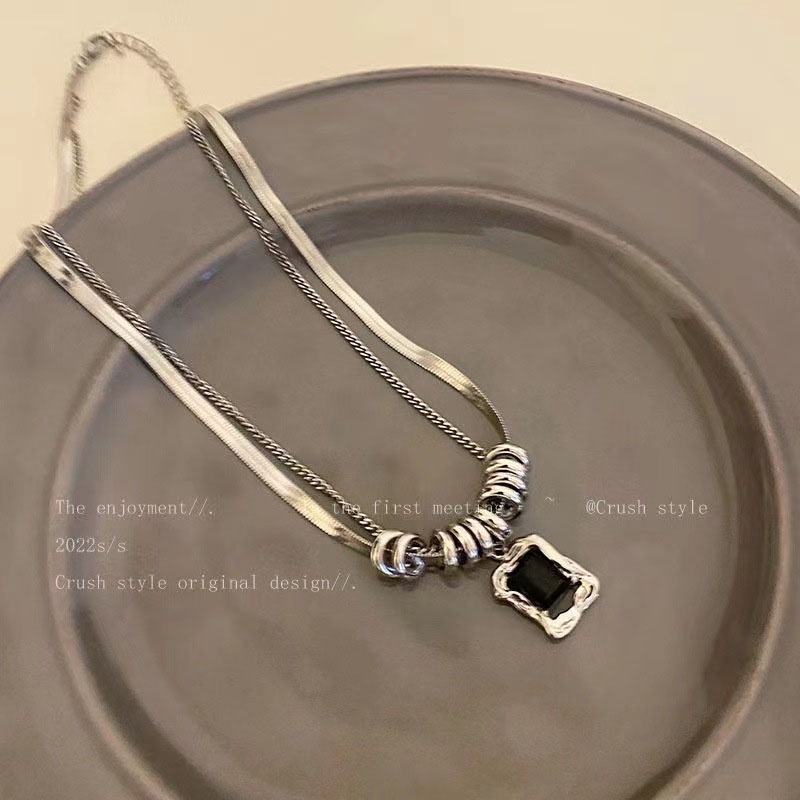 Kalung Bilayer Geometris Blok Zircon Alloy Korea Untuk Anak Perempuan