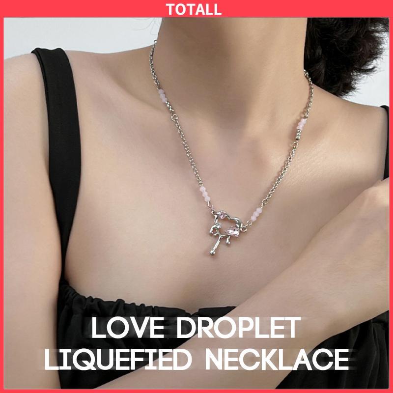 COD Kalung Pendek Pendek Mewah Premium Pink Zirkon Manis Keren Kalung Cinta Tetesan Cair-Totall