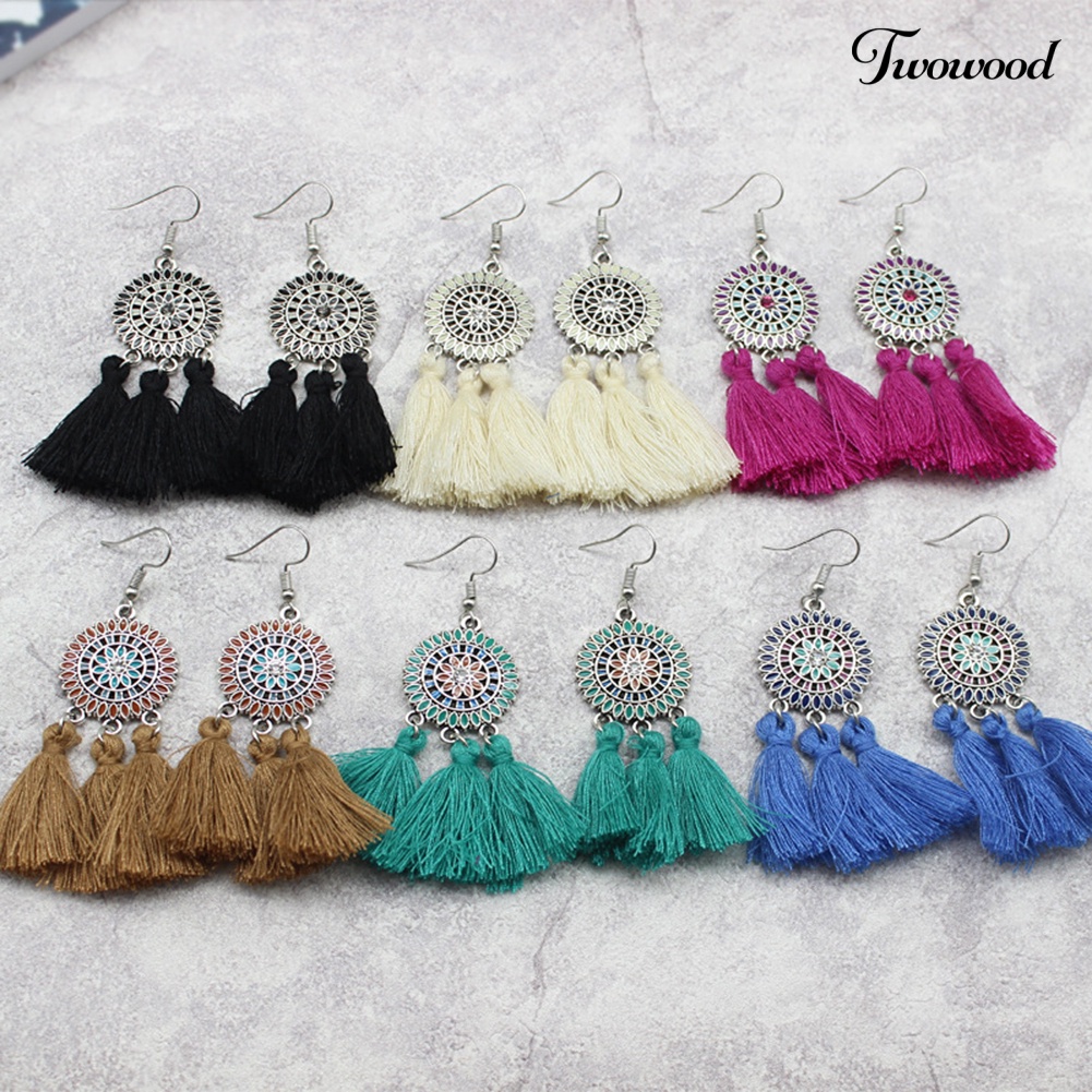 Twowood Boho Bunga Matahari Rumbai Panjang Menjuntai Statement Earrings Ear Hook Wanita Perhiasan