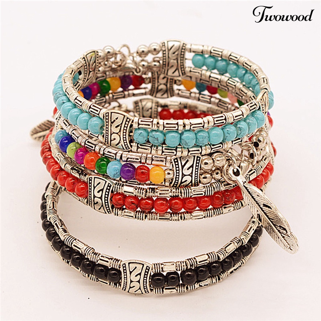 Twowood Women Bracelet Bentuk Bulu Bahan Alloy Imitasi Turquoise Tiga Lapis Women Bangles Untuk Hadiah