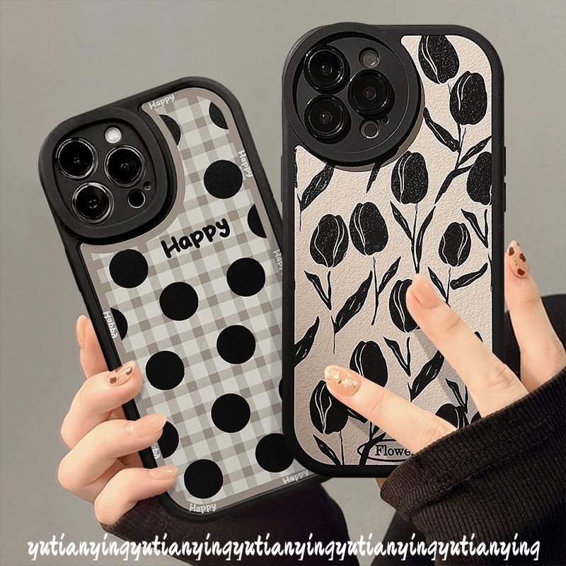 Happy Grid Big Dots Phone Case Kompatibel Untuk IPhone XR XS X Max11 13 12 14 Pro Max 7Plus 6s 6 7 8 Plus SE 2020 Shockproof Vintage Bunga Tulip Soft Cover