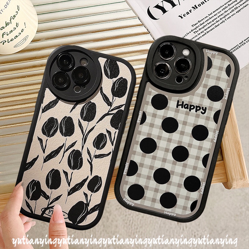 Happy Grid Big Dots Phone Case Kompatibel Untuk IPhone XR XS X Max11 13 12 14 Pro Max 7Plus 6s 6 7 8 Plus SE 2020 Shockproof Vintage Bunga Tulip Soft Cover