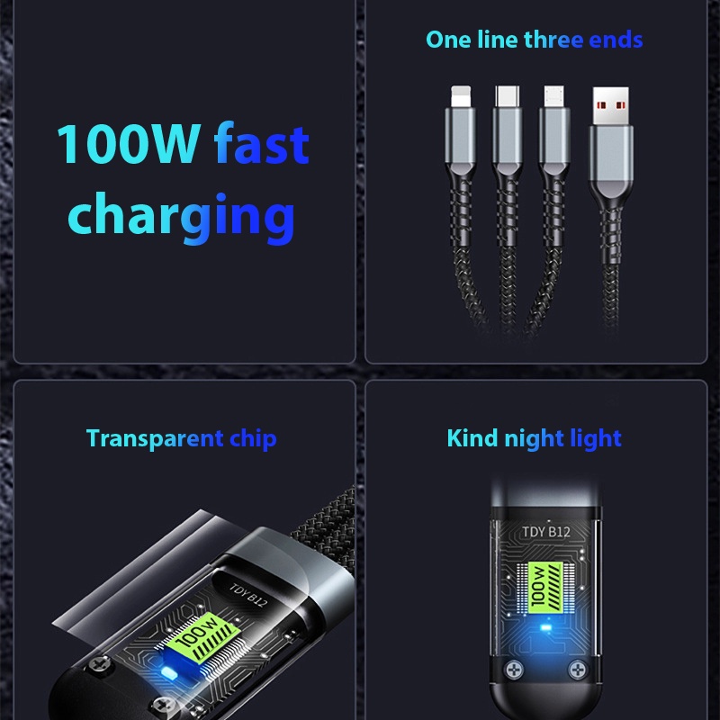 3in1 100W Kabel Kepang Nilon Berlampu Charger Super Cepat Untuk iPhone Type-c Android Fast Charger