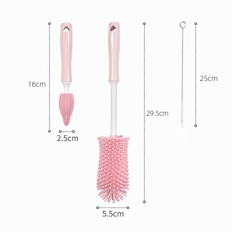 3-piece Set Sikat Botol Susu Silikon/Rotasi 360derajat Dot Cup Brush/Sikat Pembersih Multifungsi/Food Grade Nipple Dropper Brushes Alat Cuci